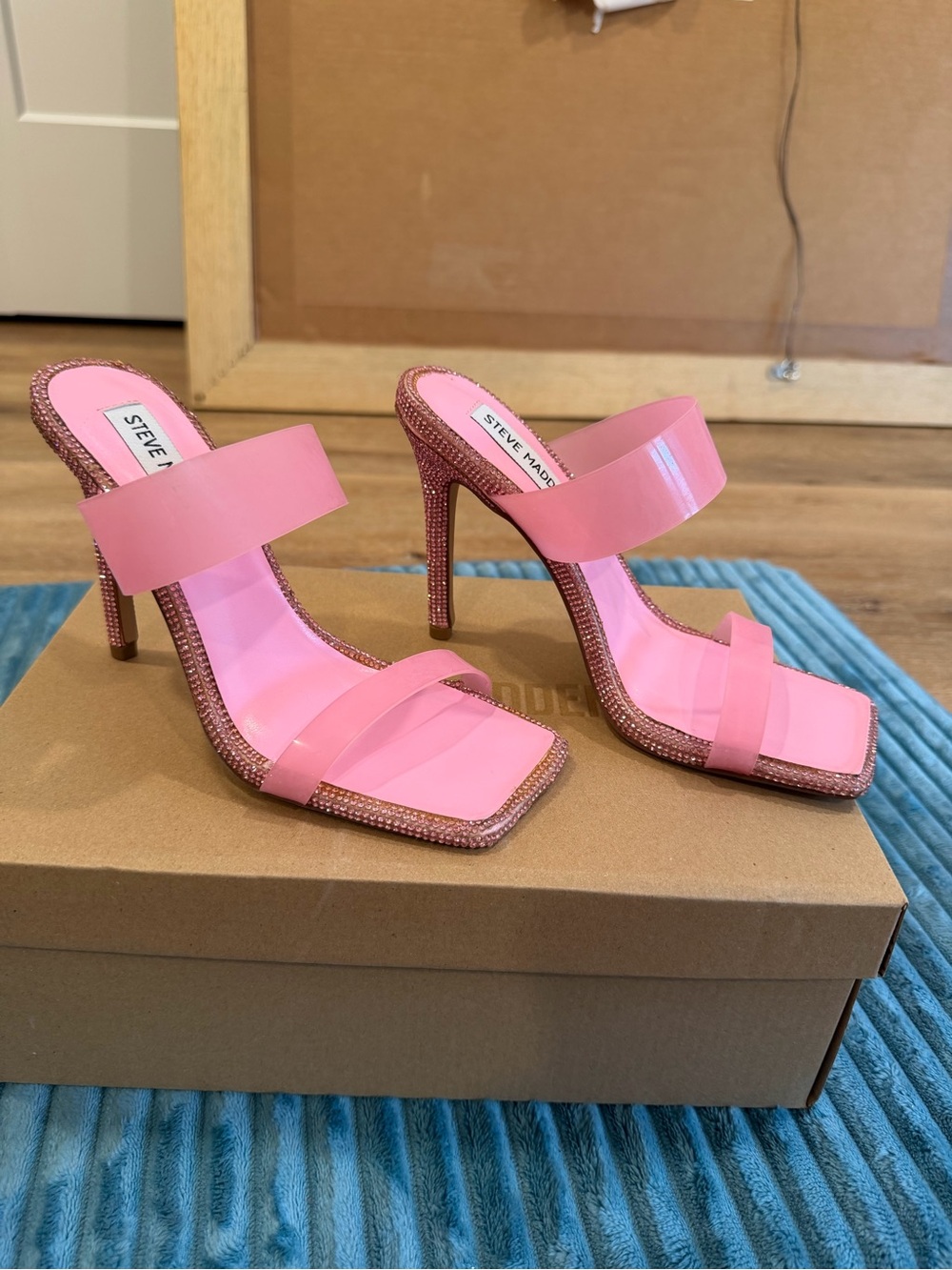 Steve Madden Pink Rhinestone-Embellished Double-Strap Stiletto Sandals